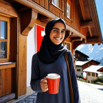 **

A young, smiling Arab traveler standing in front of a picturesque Swiss mountain village, with traditional wooden houses and snow-capped peaks in the background. She's holding a Swiss flag and a cup of coffee, looking confidently at the camera. The scene conveys a sense of adventure and cultural immersion. Focus on warm lighting and inviting colors.
**