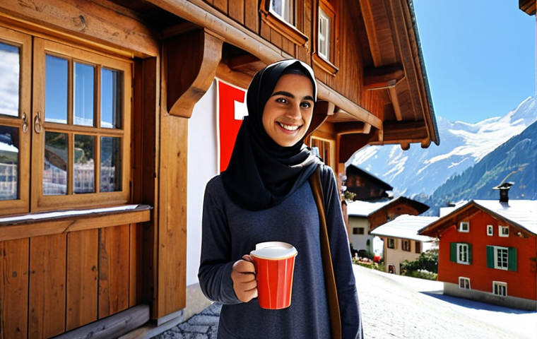 **
A young, smiling Arab traveler standing in front of a picturesque Swiss mountain village, with traditional wooden houses and snow-capped peaks in the background. She's holding a Swiss flag and a cup of coffee, looking confidently at the camera. The scene conveys a sense of adventure and cultural immersion. Focus on warm lighting and inviting colors.
**